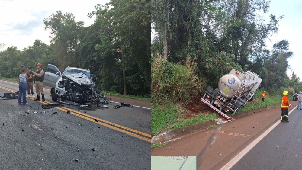 Imagem referente a Grave acidente entre caminhonete, caminhão e carreta deixa dois feridos na PR-323