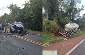 Grave acidente entre caminhonete, caminhão e carreta deixa dois feridos na PR-323