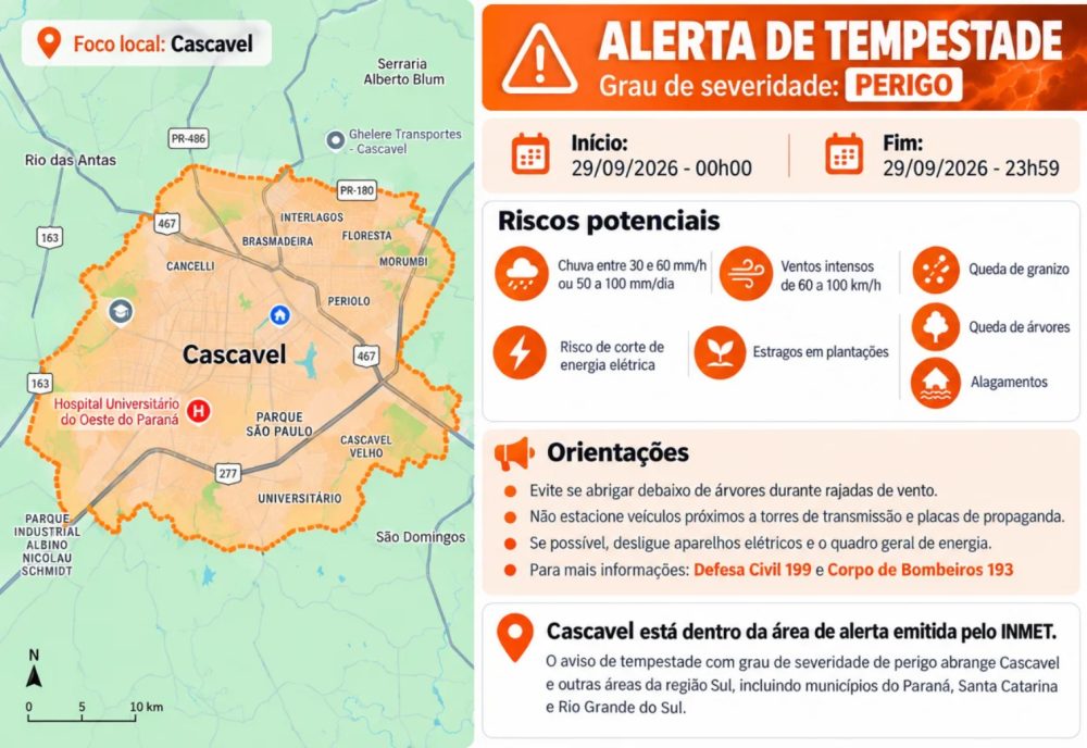 Imagem referente a Alerta de tempestade em Cascavel tem risco de granizo