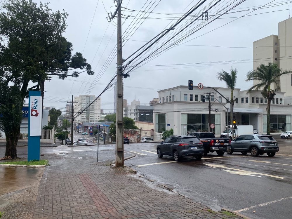 Imagem referente a Galho de araucária cai, provoca curto-circuito em fiação e deixa cruzamento sem semáforo