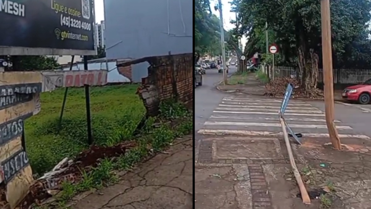 ‘Derrubou muro e placa’, descreve internauta após acidente no fim da tarde, no Centro de Cascavel