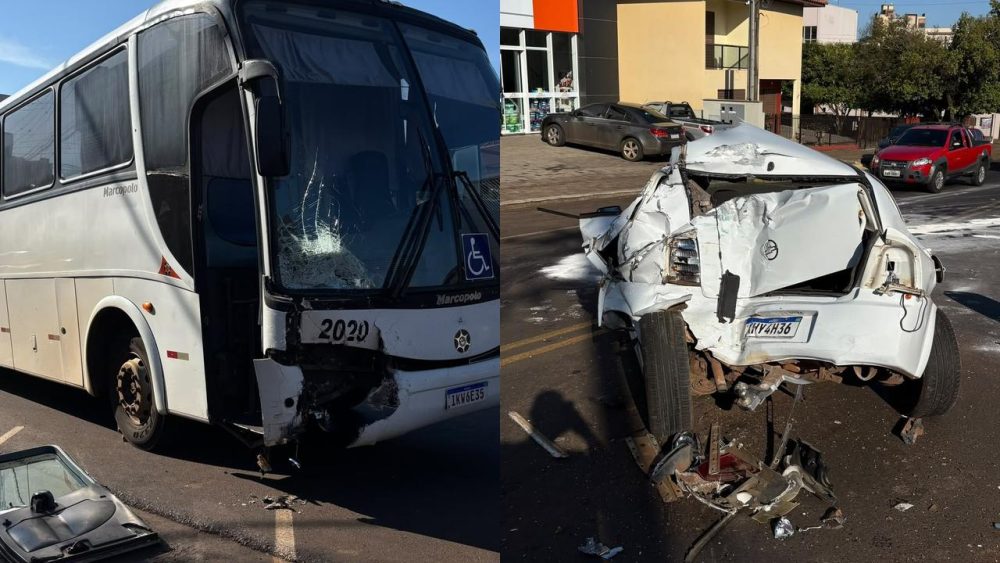 Imagem referente a Ônibus perde freio, atinge carro e percorre cinco quadras desgovernado em Coronel Vivida
