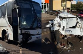 Ônibus perde freio, atinge carro e percorre cinco quadras desgovernado em Coronel Vivida