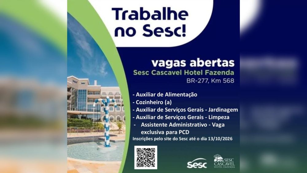 Imagem referente a Sesc Hotel Fazenda abre 20 vagas para limpeza e oferece salários de até R$ 3,6 mil em Cascavel