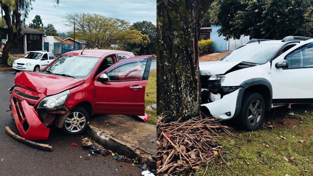 Duster vai parar em árvore após colisão com Agile no Jardim Clarito