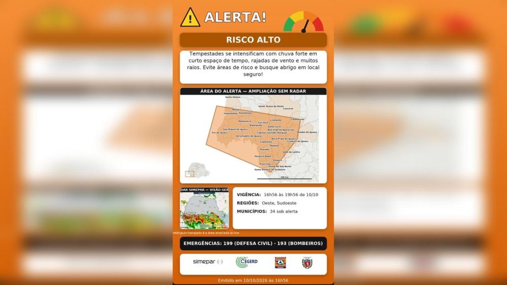 Imagem referente a Cascavel está entre as cidades com risco alto de tempestades neste sábado (10)