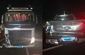 Acidente entre Ford Ranger e caminhão deixa veículos danificados na PR-239