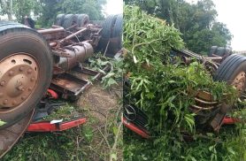 Caminhão capota e motorista morre na rodovia PR-487 Caminhão capota e motorista morre na rodovia PR-487